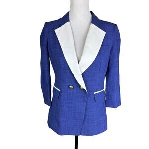 C. Luce NWT Blue & White Tuxedo Colorblock Gold Button 3/4 Sleeve Blazer Jacket